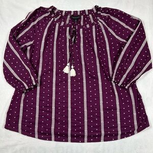 Lane Bryant Plum Purple Embroidered Blouse 18/20 Swiss Dot Tassels Peasant Top